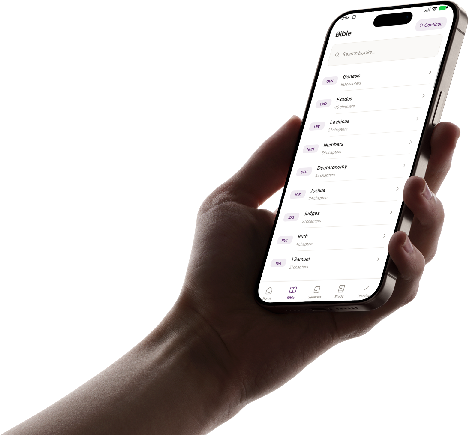 A hand holding a phone showing the Bible library screen in the ScriptureHub Android app